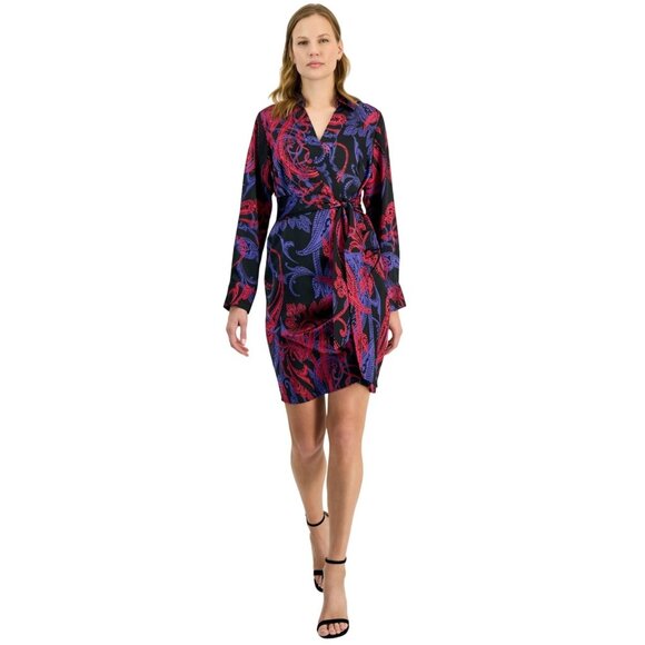Tahari ASL Womens Printed Faux-Wrap Dress Black Blue Size 12 MSRP $139 - Picture 1 of 4